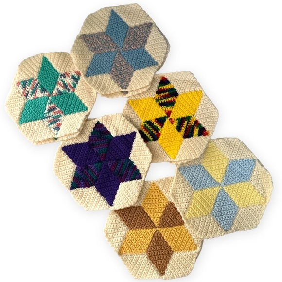 Handmade Crochet 6 Pointed Star Hexagon Multicolor Acrylic Yarn Blocks Lot of 37 - Picture 1 of 11